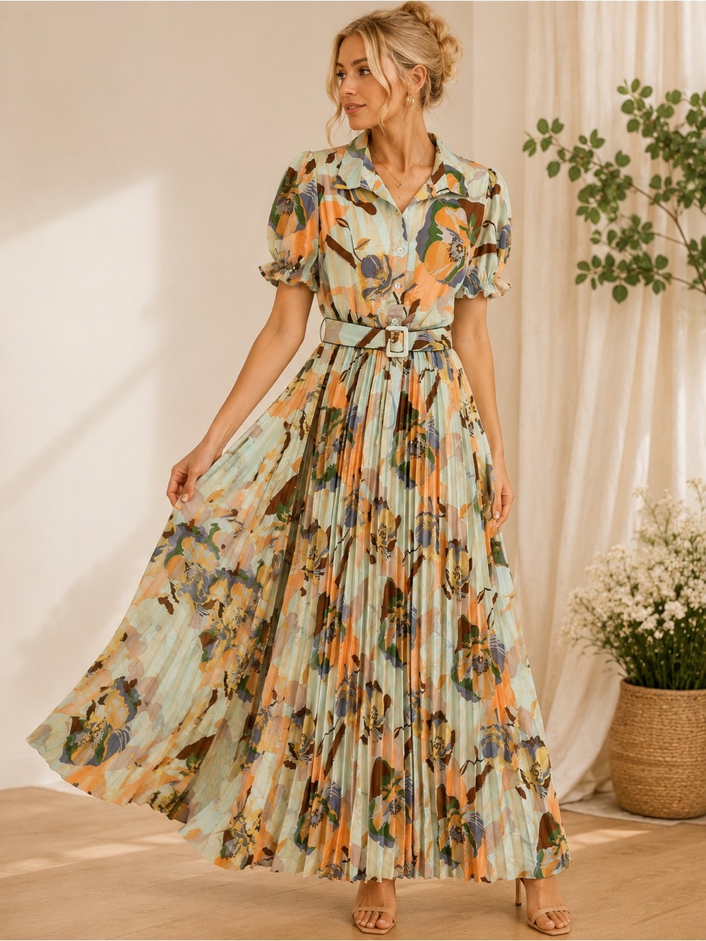 Floral Pleated Maxi Dress Belted Cottagecore M/L